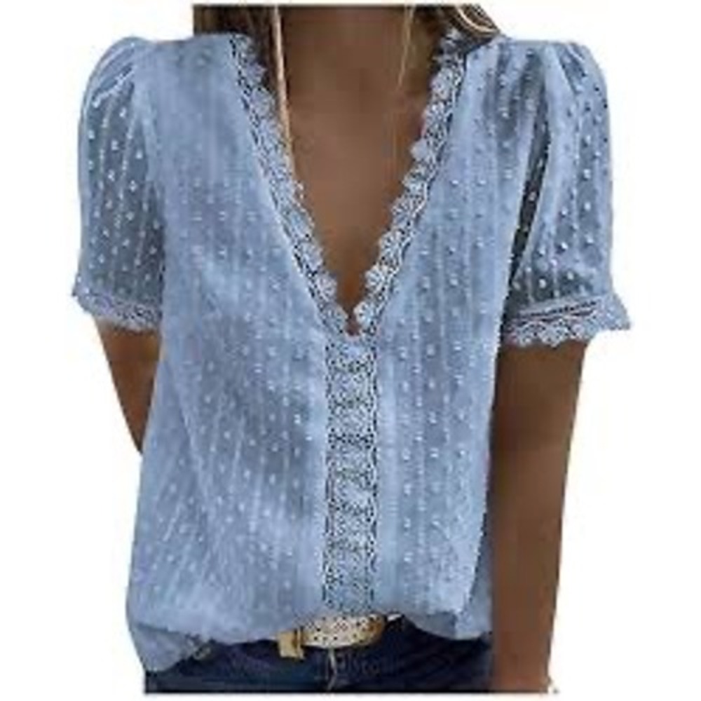 Dokotoo Light Blue Swiss Dot Lace Trim V-Neck Short Sleeve Blouse Size M